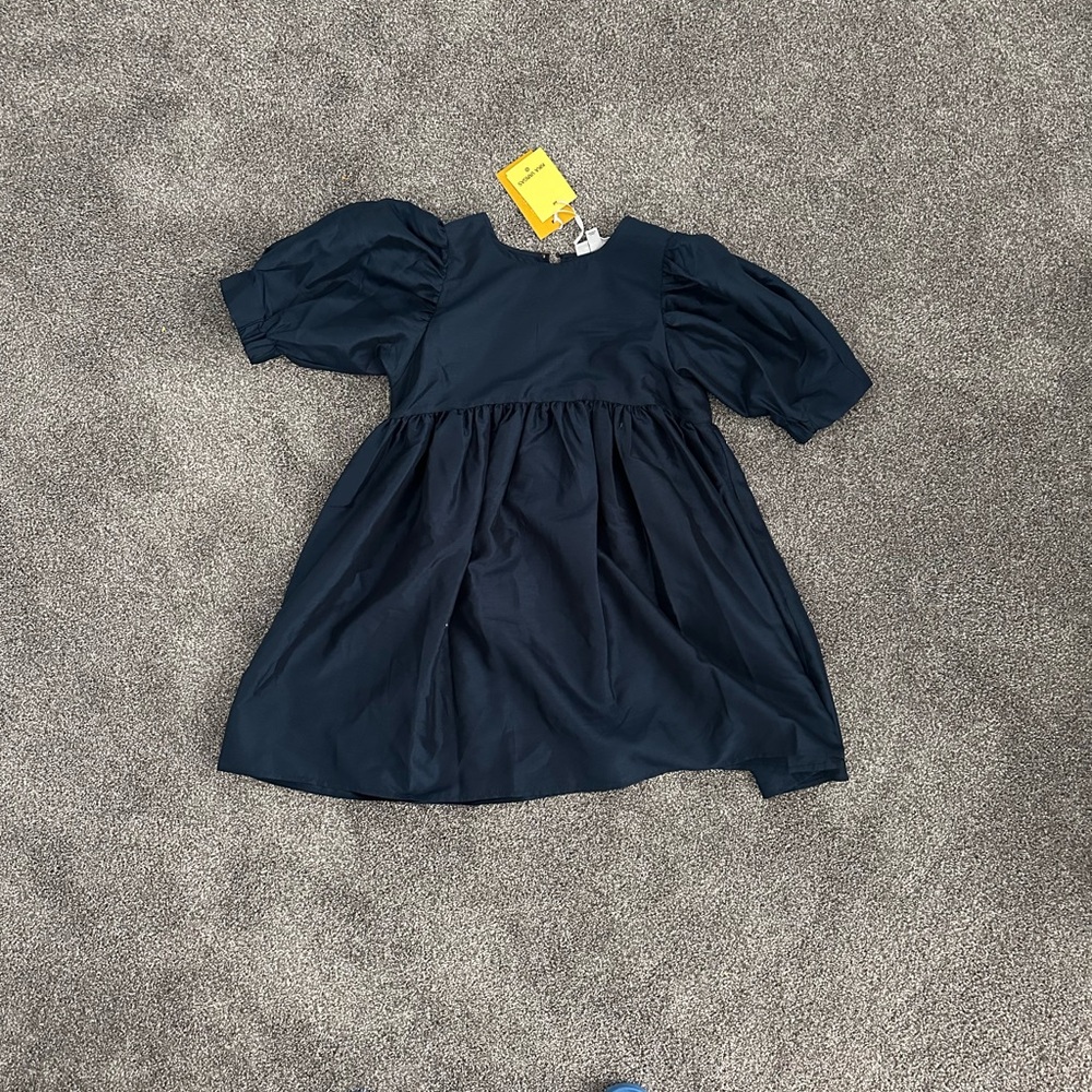 Kika Vargas Blue and Yellow Pleated Sundress with Puff Sleeves
